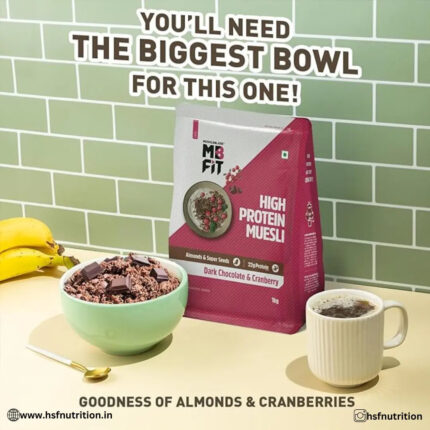 MuscleBlaze MB Fit High Protein Muesli - 1kg, Dark Chocolate & Cranberry, 22g Protein - Hold Strong Fitness & Nutrition