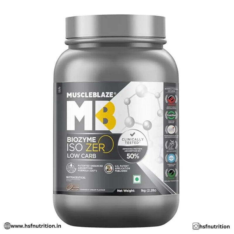 MuscleBlaze MB Biozyme Iso-zero, Low Carb, 100% Pure Whey Protein Isolate - 1kg, 27g, Cookies Cream - Hold Strong Fitness & Nutrition