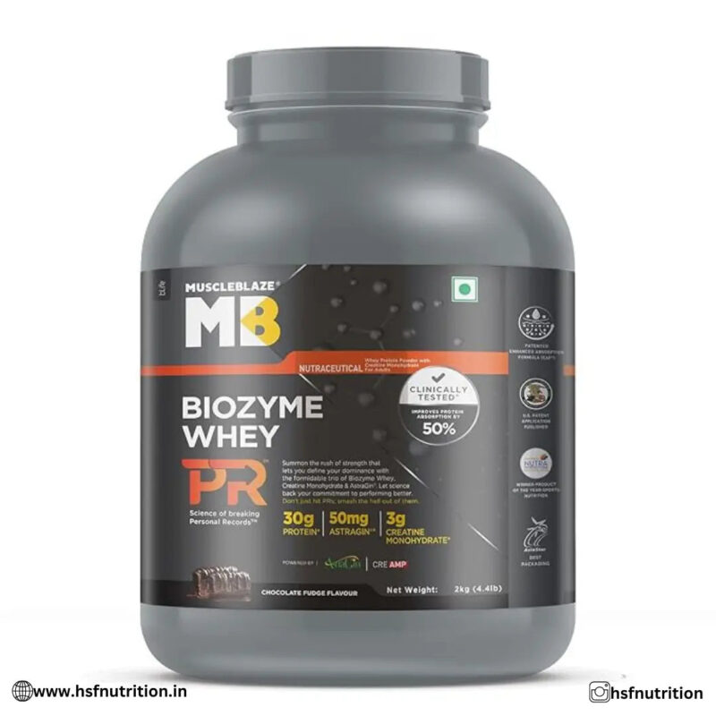 Muscleblaze MB Biozyme Whey Protein PR -  2Kg / 4.4Lbs, 30gm | 3G Creatine Monohydrate, 50Mg Astragin, Chocolate Fudge - Hold Strong Fitness & Nutrition