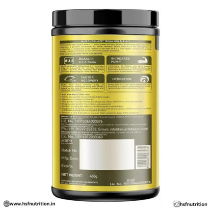 MuscleBlaze MB BCAA Gold 8:1:1 Powder  - Green Apple, 450G, 30 Servings - Hold Strong Fitness & Nutrition