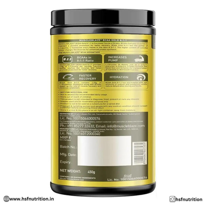 MuscleBlaze MB BCAA Gold 8:1:1 Powder  - Green Apple, 450G, 30 Servings - Hold Strong Fitness & Nutrition