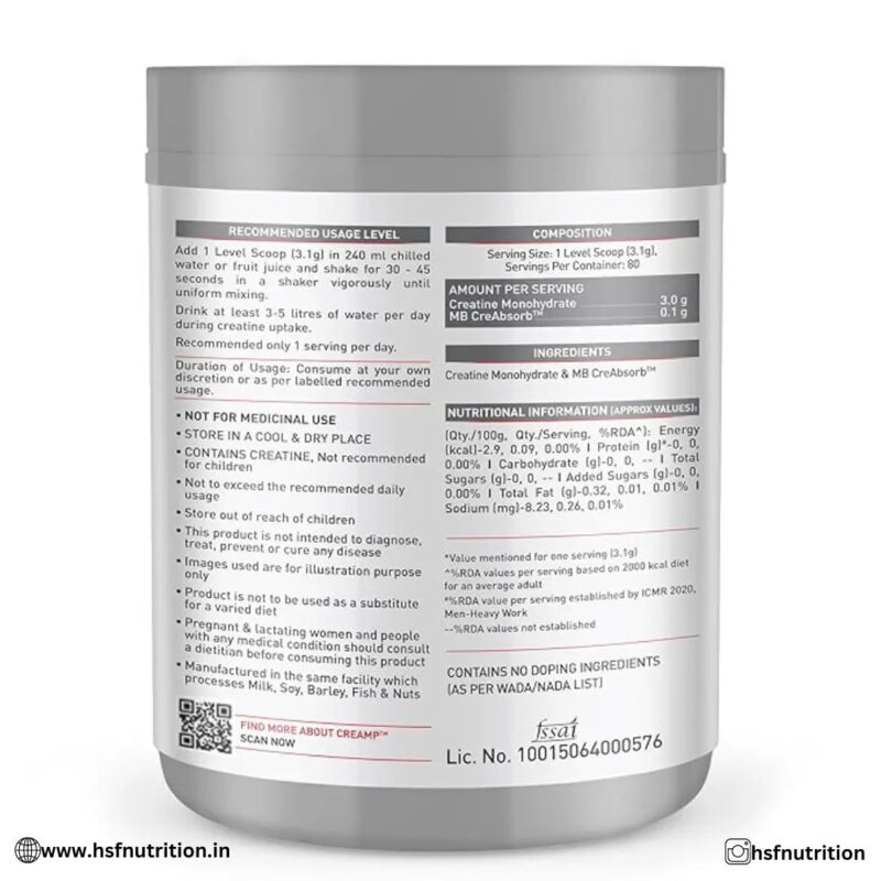 MuscleBlaze  MB Creatine Monohydrate CreAMP - 80 Servings, 250g, Unflavoured - Hold Strong Fitness & Nutrition