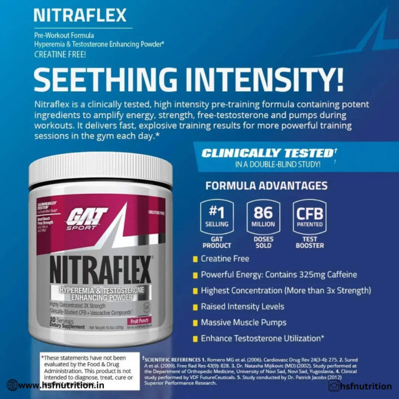 GAT Sports Nitraflex Preworkout - 30 Serving, Fruit Punch, 300 gm - Hold Strong Fitness & Nutrition