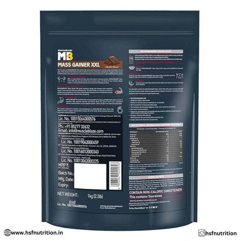 MuscleBlaze MB Super Gainer Xxl  - 1kg, Chocolate - Hold Strong Fitness & Nutrition