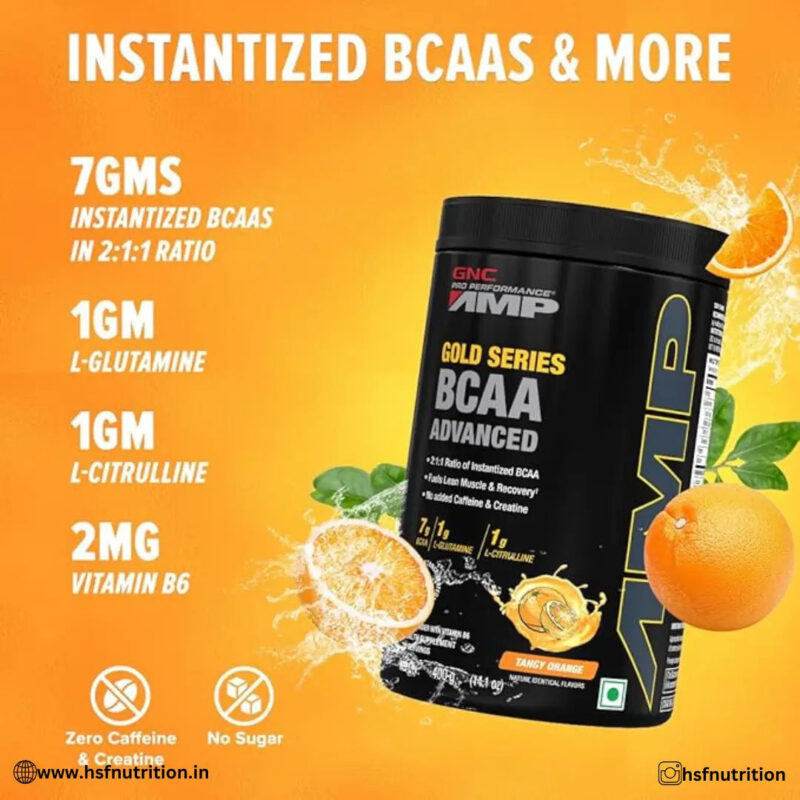 GNC AMP Gold Series BCAA Advanced - 400 gm, 30 Servings, Tangy Orange - Hold Strong Fitness & Nutrition