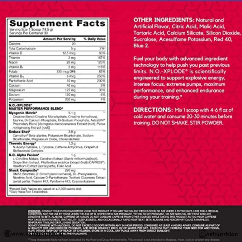 BSN NO-Xplode Legendary PreWorkout With Nitric Oxide Booster - 30 Servings, 555gm, Blue Raspberry - Hold Strong Fitness & Nutrition