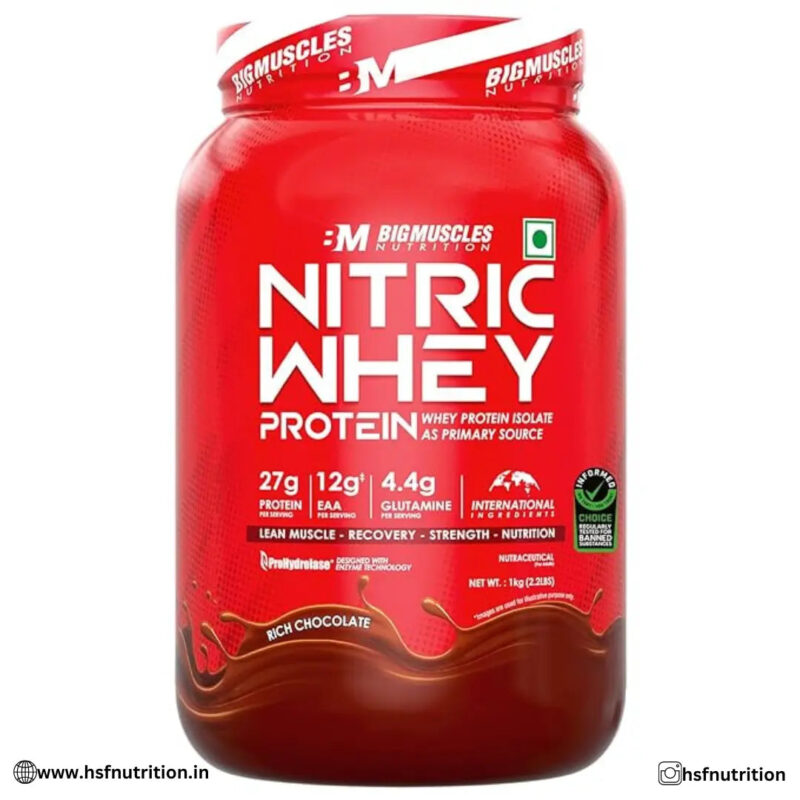 Bigmuscles Nutrition Nitric Whey protein - 1kg, 27g Isolate Whey Protein, Rich Chocolate - Hold Strong Fitness & Nutrition