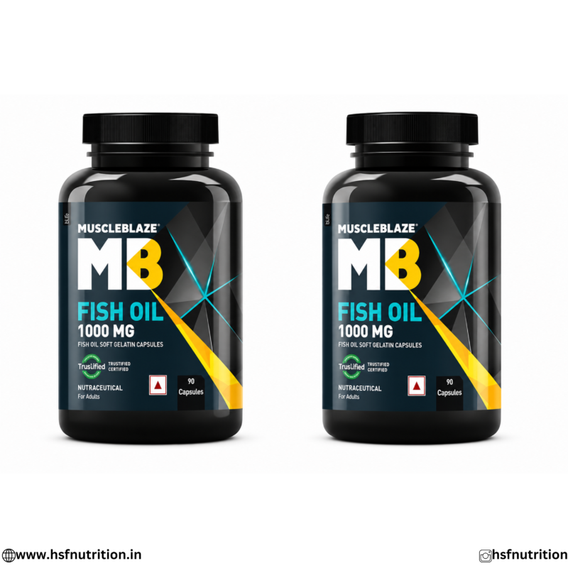 MuscleBlaze Fish Oil 1000mg 90 Capsules Twin Combo Pack Bottles Front View detailing Trustified Certified logo