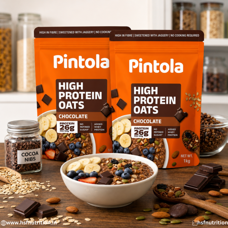 5_2_ba8cb063-d1b0-41cc-af02-44099583942a_1200x.webp - Pintola High Protein Oats Chocolate 1kg Pack of 2 Combo stand-up pouches with breakfast bowl, cocoa nibs, and chocolate blocks