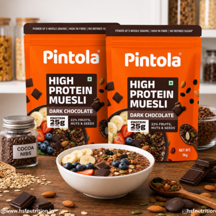 ntitled (1080 x 1080 px) (6).jpg - Pintola High Protein Muesli Dark Chocolate 1kg Pack of 2 Combo pouches displayed with breakfast bowl, fresh fruits, and cocoa nibs