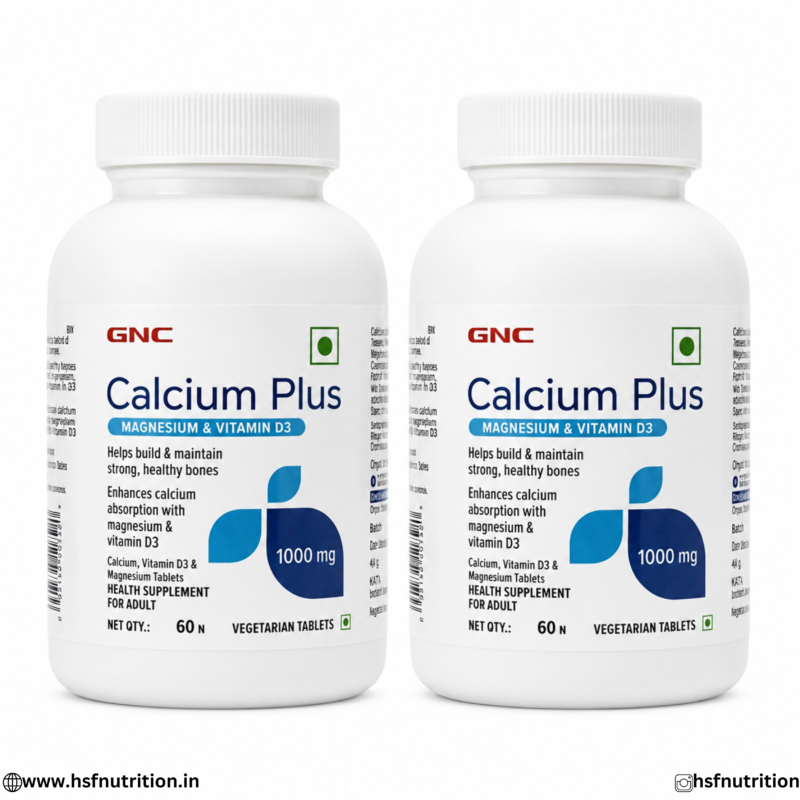 GNC Calcium Plus Magnesium & Vitamin D3 60 Vegetarian Tablets Bottle Front View Pack of 2 Combo