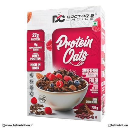 Doctor's Choice Protein Oats Dark Choco Berry old and new packaging comparison – 27g protein oats