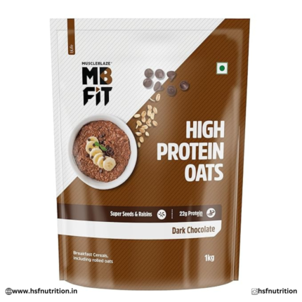 MuscleBlaze MB Fit High Protein Oats Dark Chocolate 1kg back view with nutritional information and ingredients