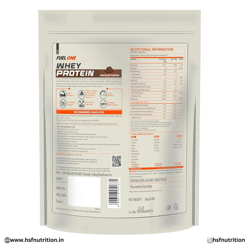FUELONE Whey Protein (Chocolate, 2kg / 4.4lbs) | 24g Protein | 5.29g BCAA & 4.2g Glutamic Acid Muscleblaze
