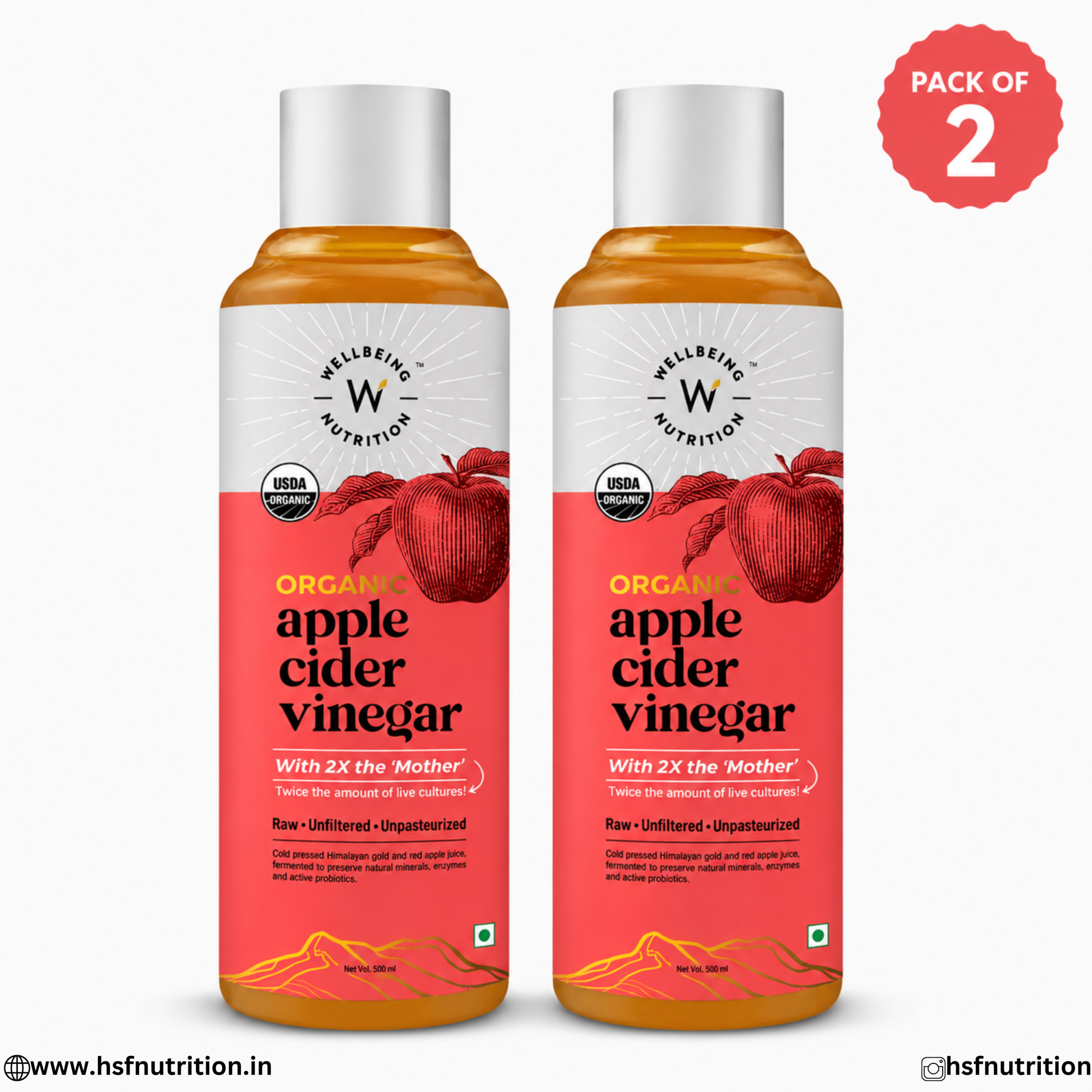 Untitled (1080 x 1080 px) (2) Wellbeing Nutrition Organic Apple Cider Vinegar 500ml Pack of 2 Bottle Set Front View