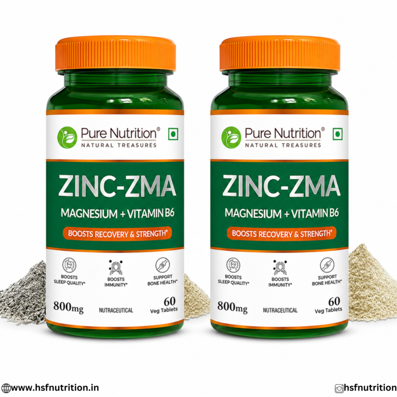 Pure Nutrition Zinc ZMA 60 Tablets Twin Combo Pack Bottles Front View showing Magnesium and Vitamin B6 benefits