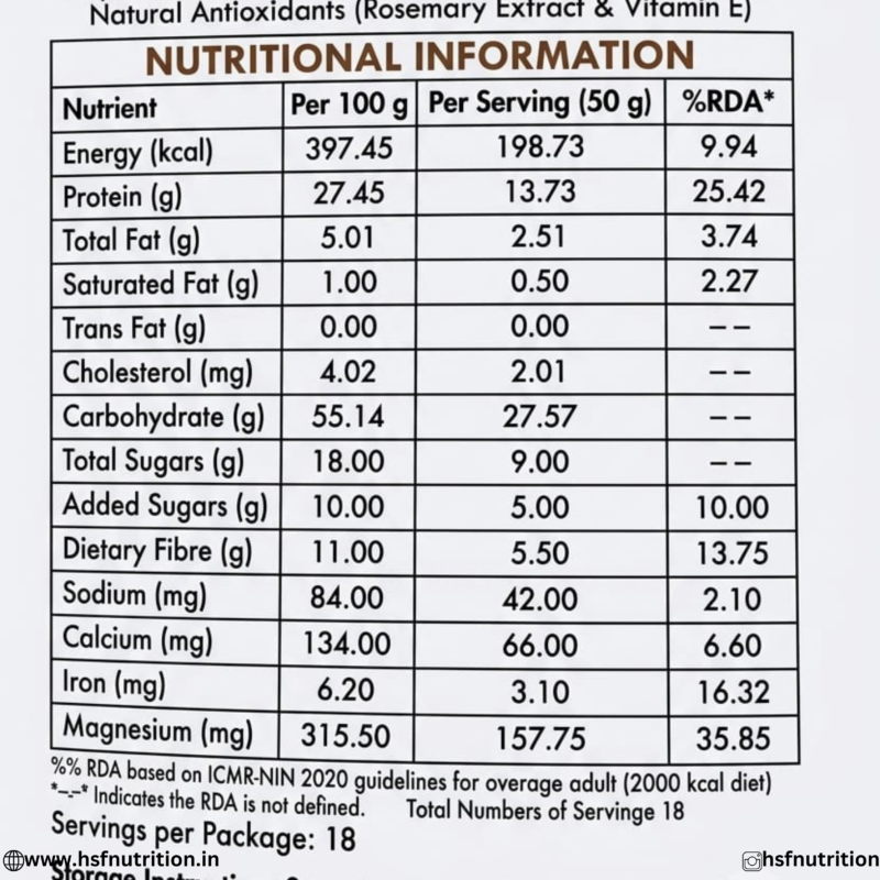 Untitled (1080 x 1080 px) (4)_3.jpg - Keeptrue High Protein Oats official nutritional facts label highlighting 27.45g protein, 11g fibre, and full mineral statistics per 100g