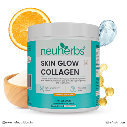 Neuherbs Skin Glow Collagen Powder - 200g, Orange | Marine Collagen Peptides with Hyaluronic Acid, Biotin, Vitamin C & E for Skin Glow & Anti-Aging