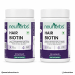Neuherbs Hair Biotin 2 x 60 Capsules Twin Combo Pack Front Display Panel showing Plant Based Biotin and 5 DHT Blockers Formula