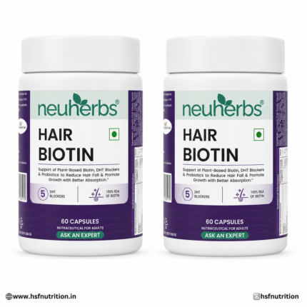 Neuherbs Hair Biotin 2 x 60 Capsules Twin Combo Pack Front Display Panel showing Plant Based Biotin and 5 DHT Blockers Formula