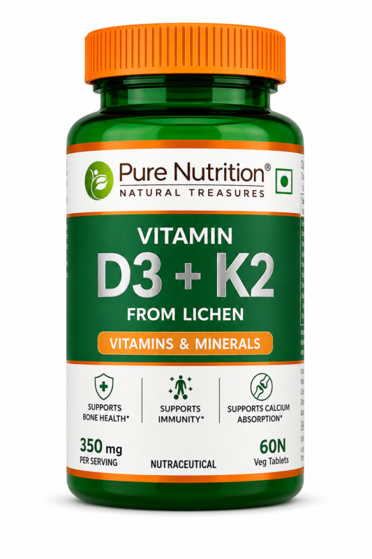 Pure Nutrition Vitamin D3 K2 From Lichen 60 Veg Tablets Front View