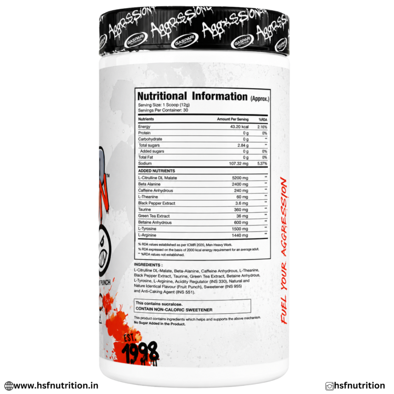 Gaspari Nutrition SuperPump Aggression Nutritional Information