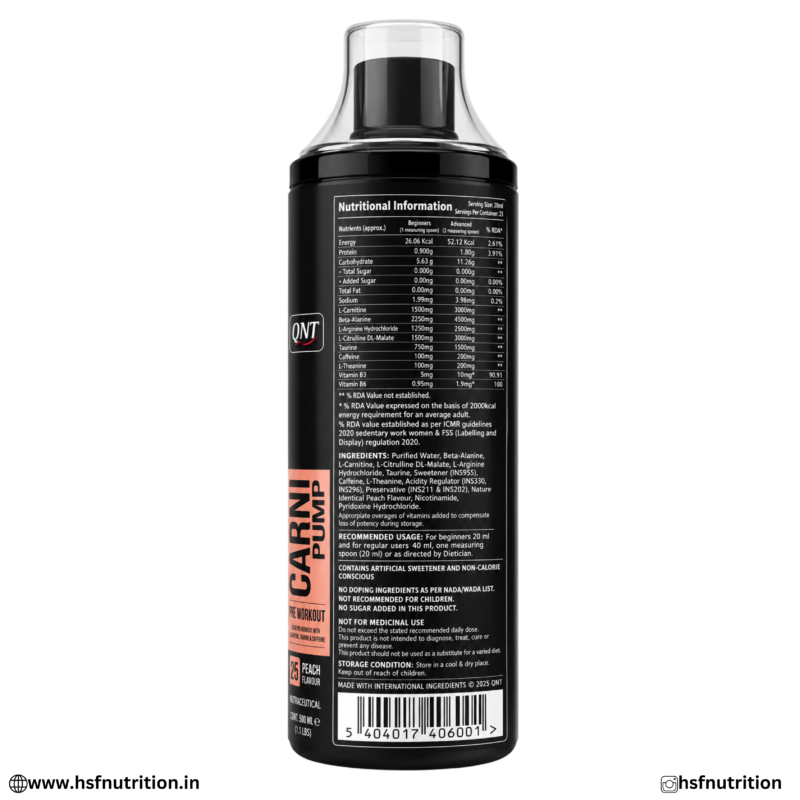 QNT Carni Pump Liquid Pre Workout Nutritional Information