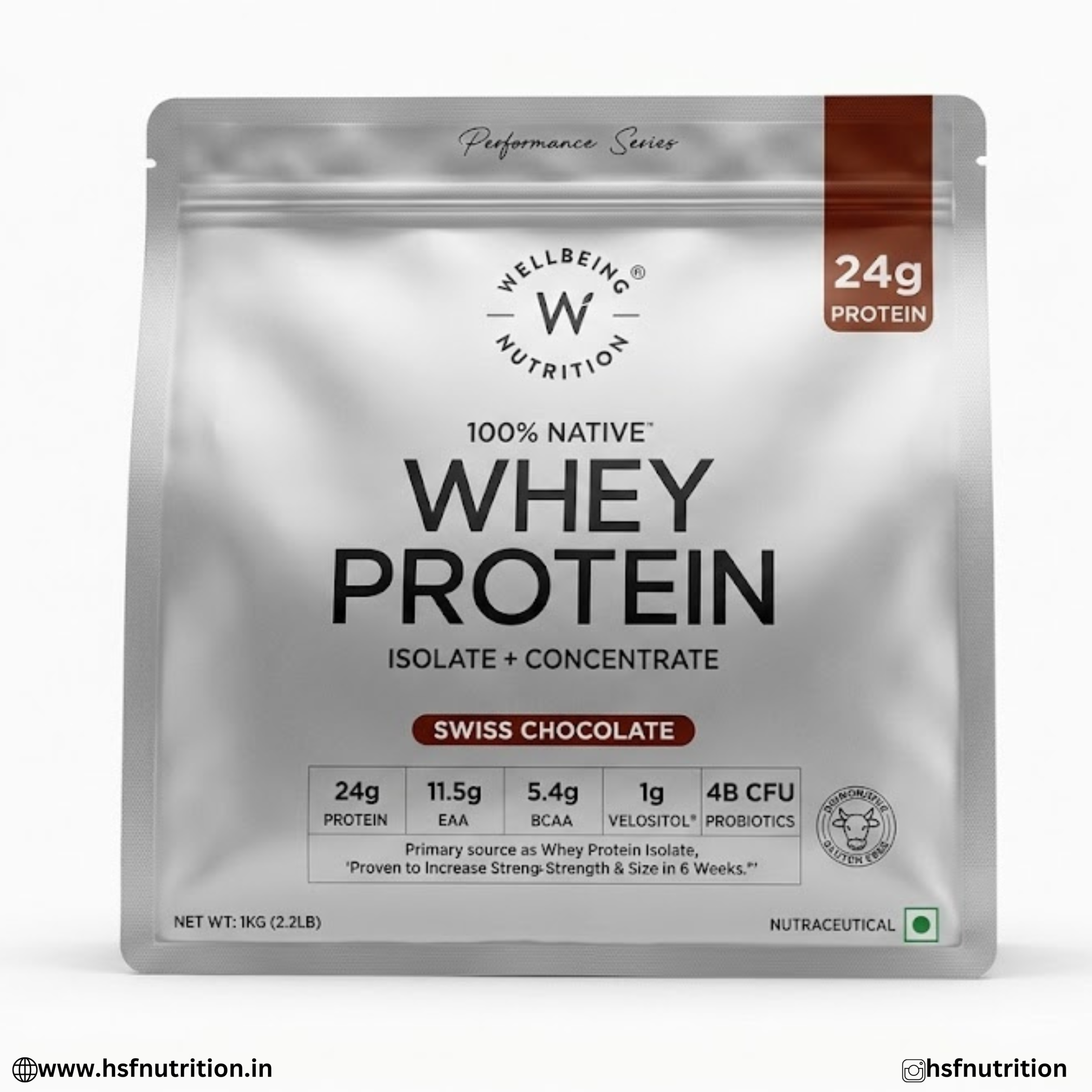 Indiamart Wellbeing Nutrition Native Whey Protein Swiss Chocolate 1kg Front View
