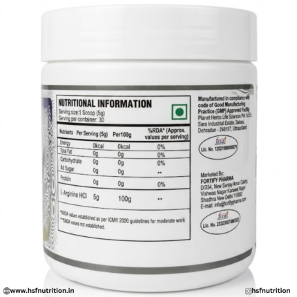 Fortify Pharma Pump L-Arginine Nutritional Information Panel