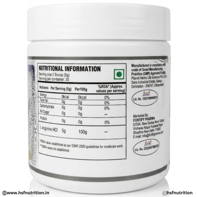 Fortify Pharma Pump L-Arginine Nutritional Information Panel