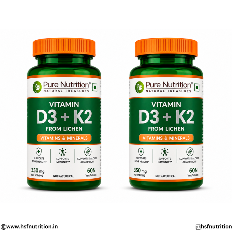 Pure Nutrition Vitamin D3 K2 Combo Premium Bone Performance Pack of 2 Veg Tablets Bottles Front View