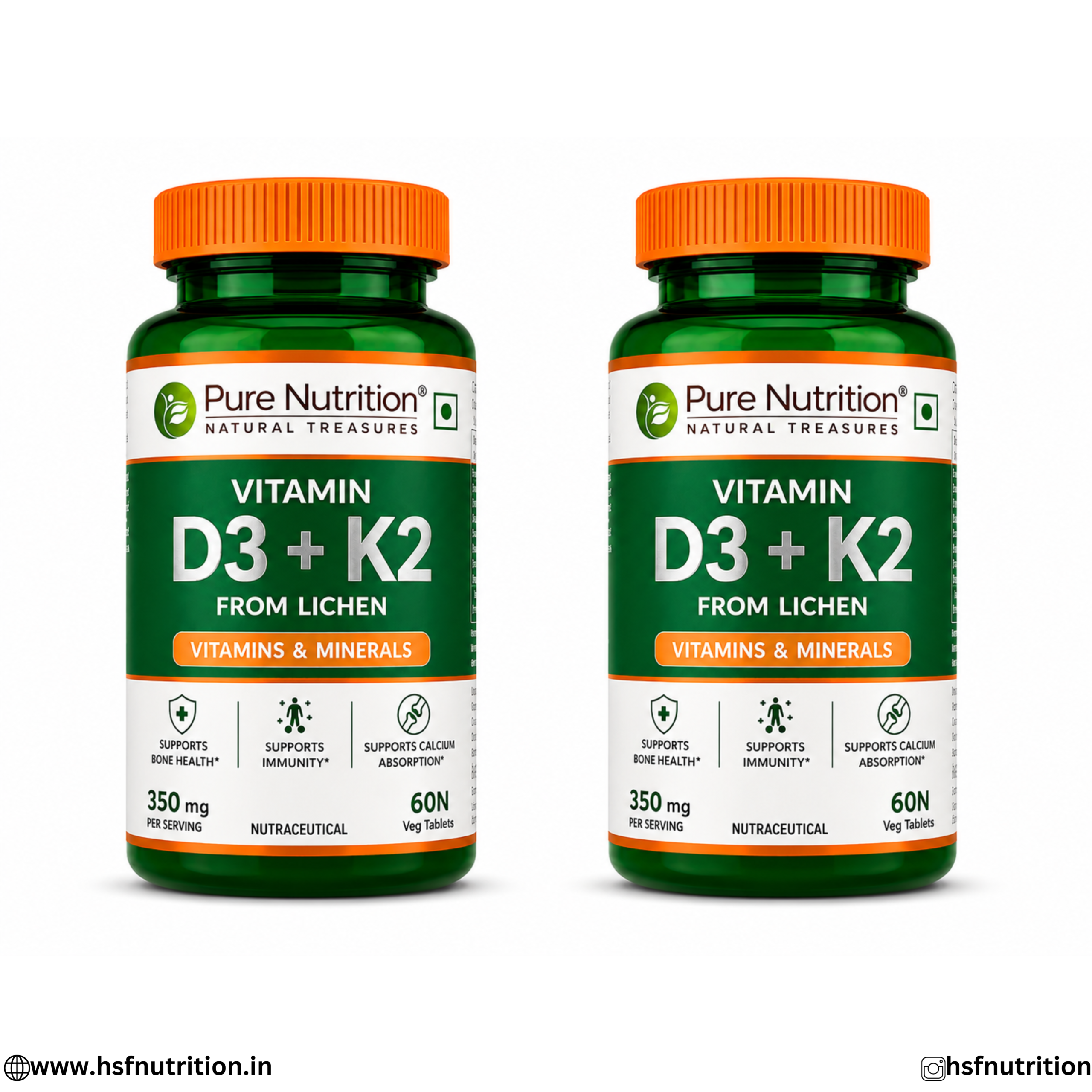 Untitled (1080 x 1080 px) (1) Pure Nutrition Vitamin D3 K2 Combo Premium Bone Performance Pack of 2 Veg Tablets Bottles Front View
