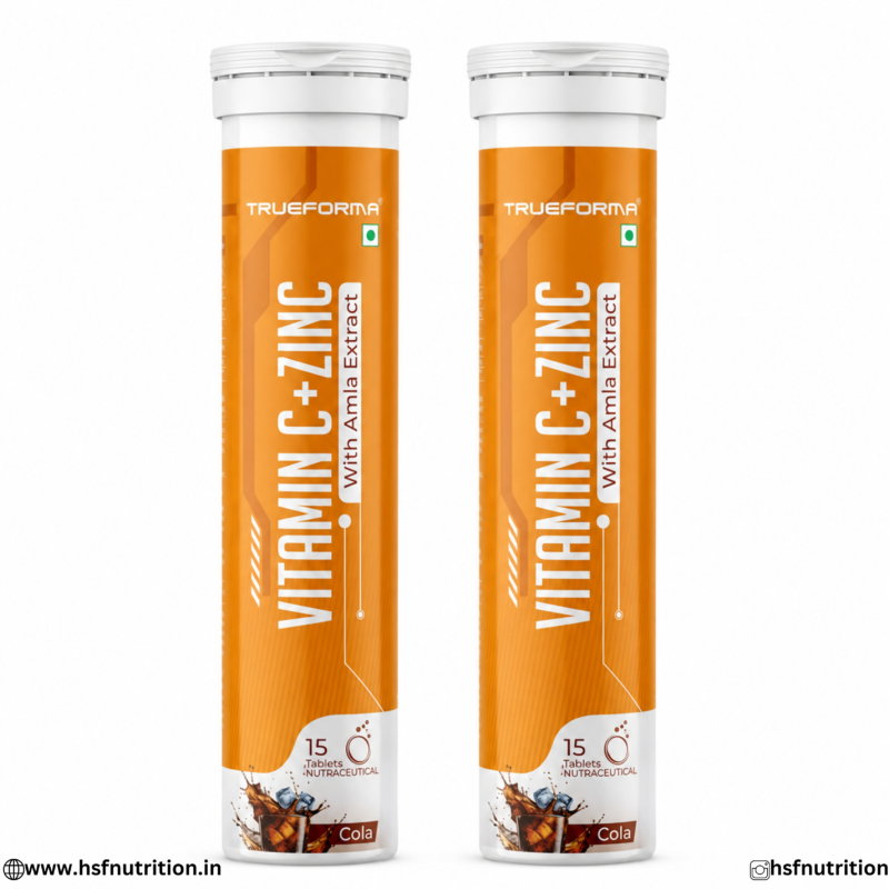 Trueforma Vitamin C Zinc Effervescent 15 Tablets Tube Front View Pack of 2 Combo