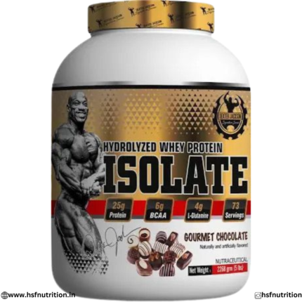 Whey Protein Isolate 2.26kg 5lbs tub front view showcasing Gourmet Chocolate flavor, 25g protein, 6g BCAA, 4g L-Glutamine, and 73 servings