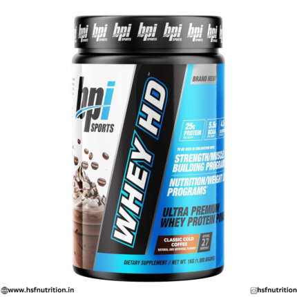 BPI Sports Whey HD 1kg 2.2lbs rear label displaying full nutritional facts table with 25g protein, 5.5g BCAA, ingredients list, and FSSAI approvals.