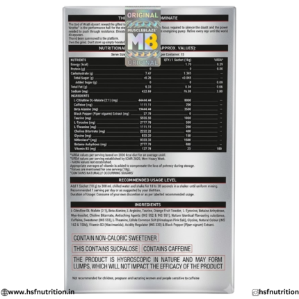 MuscleBlaze WrathX Pre Workout Nutrition Facts and Sachet Ingredients Label