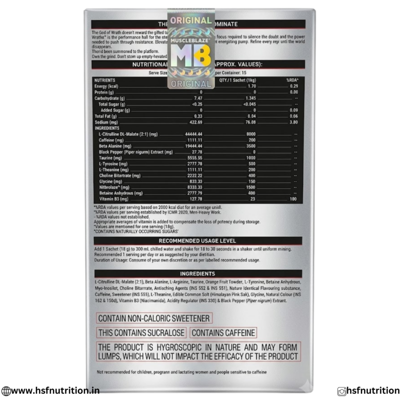 MuscleBlaze WrathX Pre Workout Nutrition Facts and Sachet Ingredients Label
