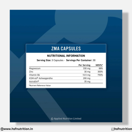Applied Nutrition Zinc Magnesium & Vitamin B6 ZMA Capsules Nutritional Information Label
