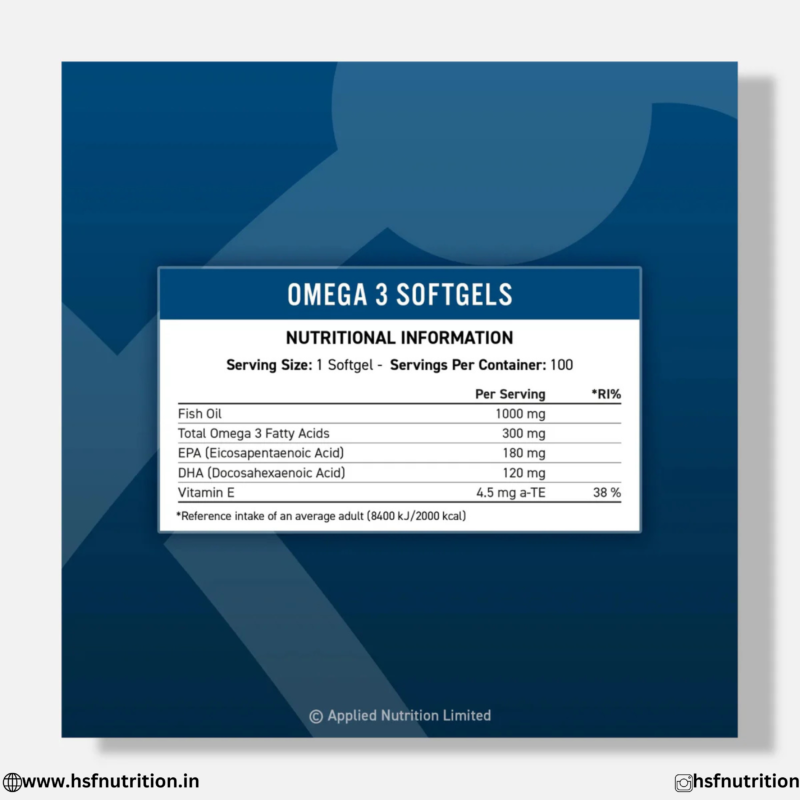 Applied Nutrition Omega 3 Softgels Nutritional Information and Fish Oil Breakdown Label