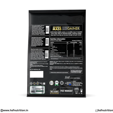 Back label of One Science Nutrition Anabolic Mass Gainer showing nutritional information and directions.