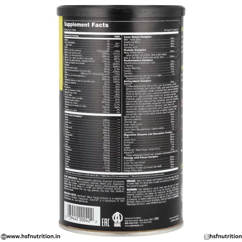 Universal Nutrition Animal Pak supplement facts and ingredient breakdown label.