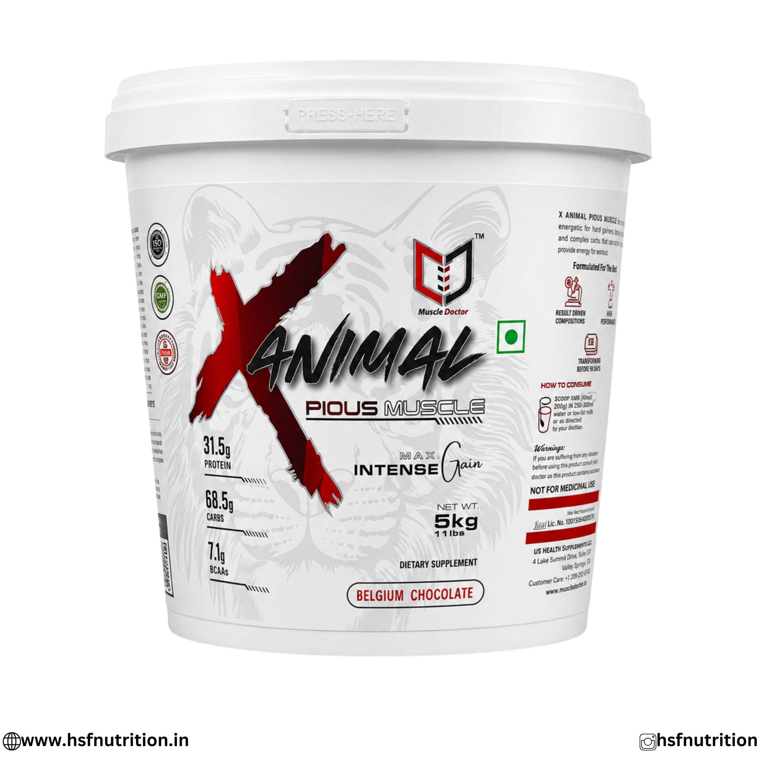 Untitled (1080 x 1080 px) (16) Muscle Doctor X Animal Pious Muscle Mass Gainer 5kg Belgium Chocolate Tub Front View