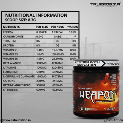 Trueforma Weapon Pre-Workout 8.3g Scoop Nutritional Information and Amino Acid Values Label View