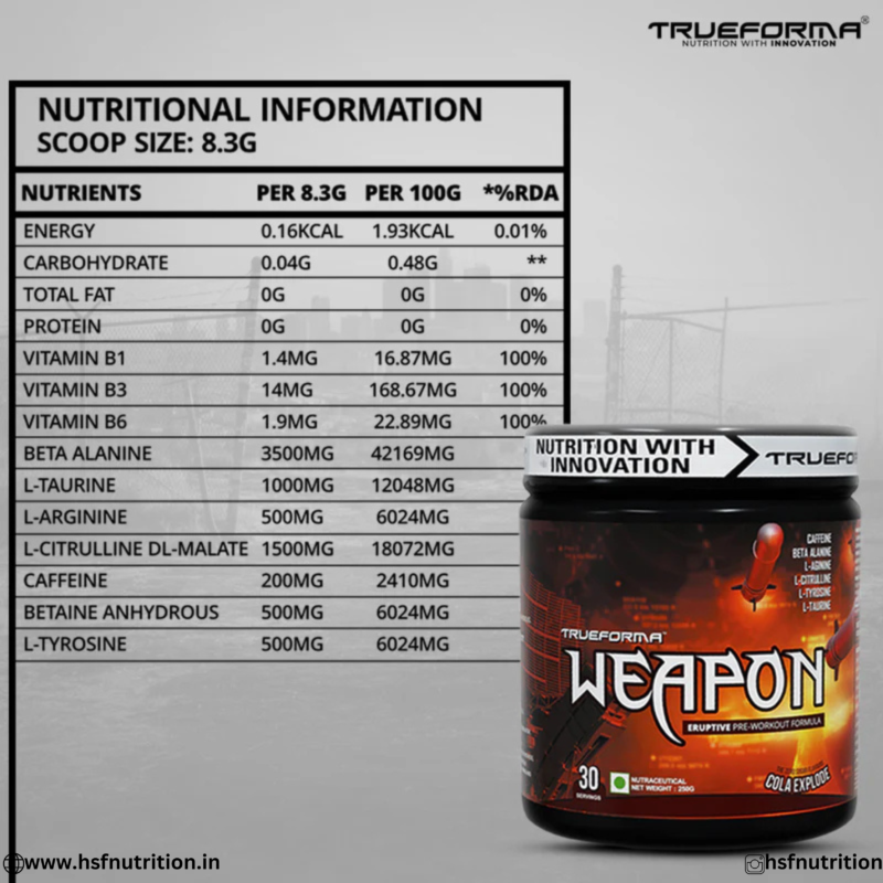Trueforma Weapon Pre-Workout 8.3g Scoop Nutritional Information and Amino Acid Values Label View
