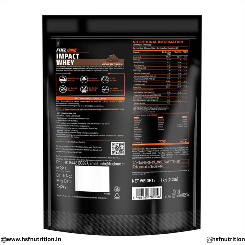 Fuel One Impact Whey Supplement Facts and Ingredients Label