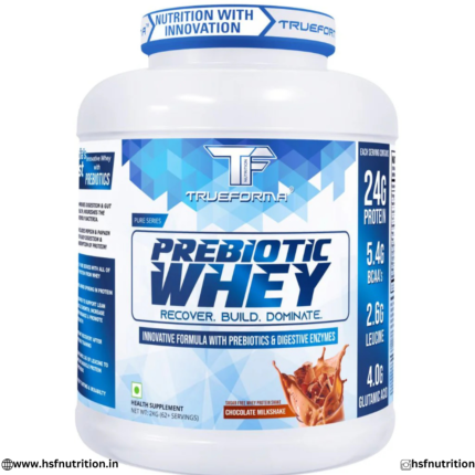 Trueforma TF Prebiotic Whey 2kg Chocolate Milkshake nutrition facts and ingredients label shown in the