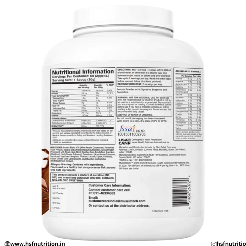 MuscleTech Advanced Whey Protein+ Supplement Facts Ingredients and Nutrition Label