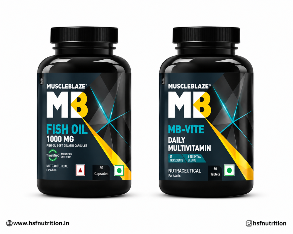 MuscleBlaze Fish Oil 1000mg Capsules and MB-Vite Daily Multivitamin Tablets Bottles Front View