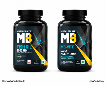 MuscleBlaze Fish Oil 1000mg Capsules and MB-Vite Daily Multivitamin Tablets Bottles Front View