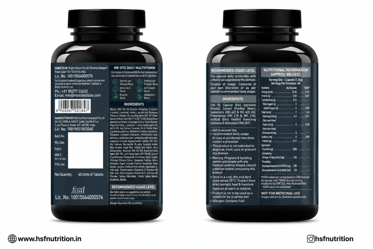 MuscleBlaze Fish Oil and MB-Vite Multivitamin Back Labels Showing Nutritional Facts and Ingredients